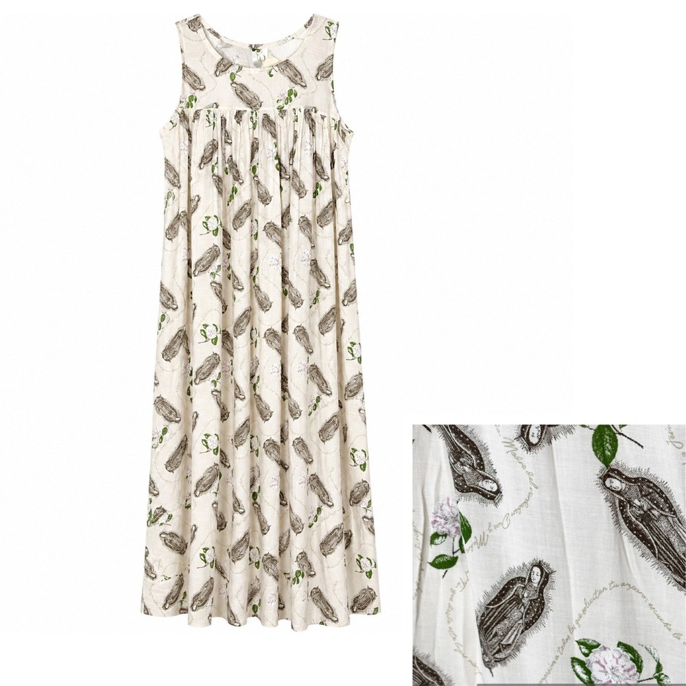 Bendita 10:22 Virgin Mary Floral Maxi Dress Double Slit Cream Large NWT